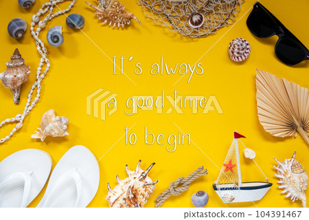 Yellow Summer Flat Lay With Accessories, It Is Always A Good Time To Begin 104391467