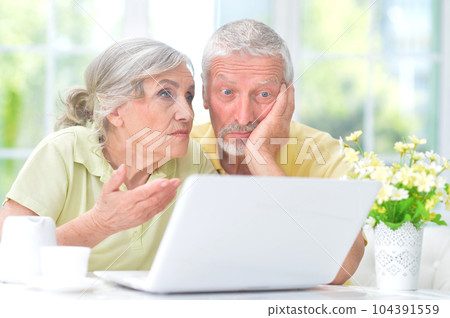 confused old couple with laptop at home 104391559