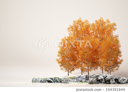 Autumn tree and rock isolated on blue background. Minimal concept with copy space. rendering. illustration Autumn tree and rock isolated on blue background. Minimal concept with copy space. rendering. illustration 104391844