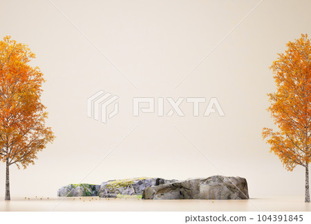 Autumn tree and rock isolated on blue background. Minimal concept with copy space. rendering. illustration Autumn tree and rock isolated on blue background. Minimal concept with copy space. rendering. illustration 104391845