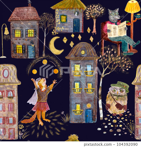 Hand painted watercolor city animals dark pattern Hand painted watercolor city animals dark pattern 104392090