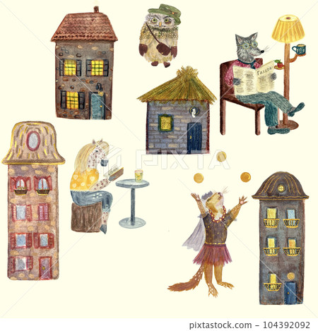 Hand painted watercolor corky city animals pattern Hand painted watercolor corky city animals pattern 104392092