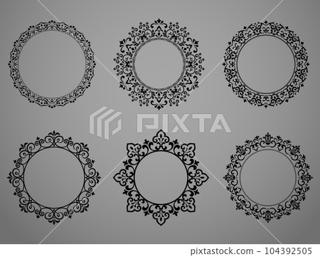 Set of decorative frames Elegant vector element for design in Eastern style, place for text. Floral black and gray borders. Lace illustration for invitations and greeting cards 104392505