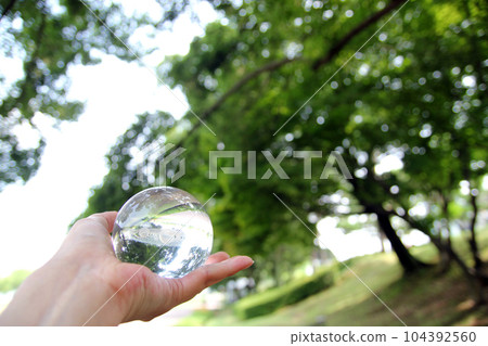 Nature photography of crystal ball with solar system in it, space, future environment and ESG concept 104392560