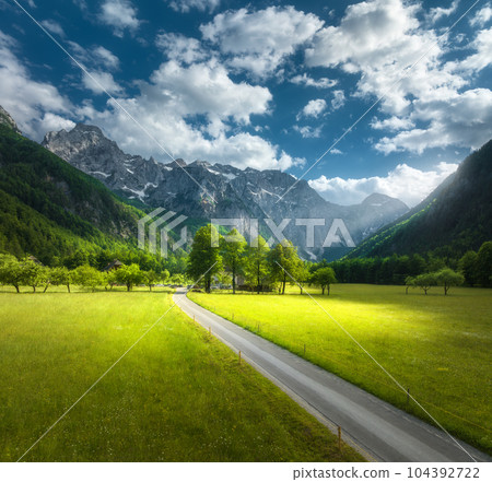 Aerial view of road in alpine mountains, green meadows, trees Aerial view of road in alpine mountains, green meadows, trees 104392722
