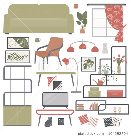 A set of elements for interior design of a living room with furniture a sofa with pillows, shelves, paintings, a coffee table, indoor plants, a watering can, flowers in a vase, storage boxes, clock. A set of elements for interior design of a living room with furniture a sofa with pillows, shelves, paintings, a coffee table, indoor plants, a watering can, flowers in a vase, storage boxes, clock. 104392794