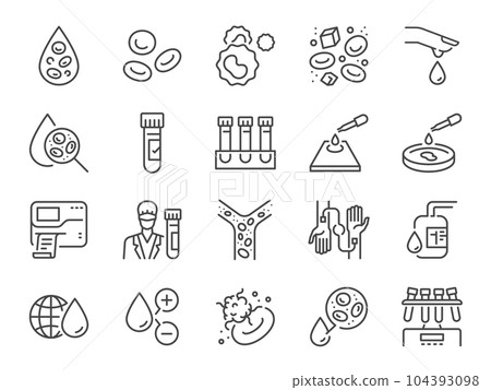 Hematology icon set. It included hematologist, blood, hemoglobin, cells, and more icons. Editable Vector Stroke. 104393098
