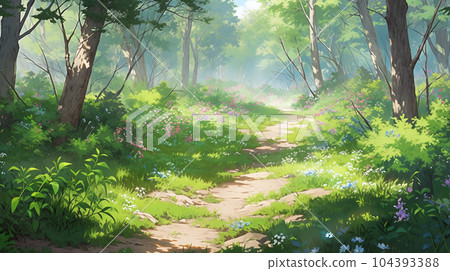 landscape countryside cartoon scene background. dirt path leading to inside deep forest on sunny day. generative AI 104393388