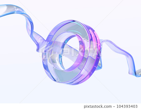 Flying geometric shapes, glass transparent ribbon with crystal hologram ring 3d render. Luxury minimal background with wave rainbow plastic or acrylic line and colorful round figure. 3D illustration 104393403