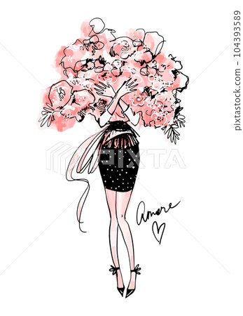 A beautiful young girl with a huge bouquet of peonies or roses. Modern sketch engagement card, March 8, mother's day, birthday present. Vintage vector illustration isolated on white. A beautiful young girl with a huge bouquet of peonies or roses. Modern sketch engagement card, March 8, mother's day, birthday present. Vintage vector illustration isolated on white. 104393589