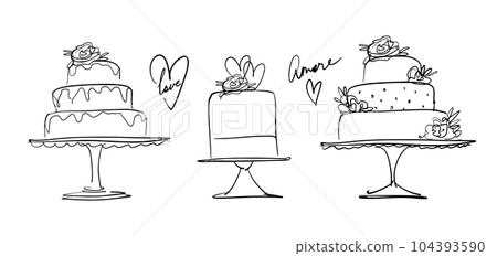 Set of tiered classic cakes on stands with floral decor, modern line sketch, collection of vintage stickers, cake for birthday, wedding. Vector illustration isolated on white background. Set of tiered classic cakes on stands with floral decor, modern line sketch, collection of vintage stickers, cake for birthday, wedding. Vector illustration isolated on white background. 104393590