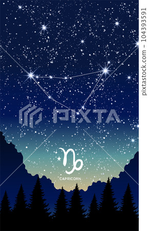 Capricorn zodiac sign in the night sky, horoscope constellations realistic landscape, astronomical science, astrology card. Vintage Vector illustration. Capricorn zodiac sign in the night sky, horoscope constellations realistic landscape, astronomical science, astrology card. Vintage Vector illustration. 104393591