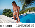 WOMAN spends time by the pool. in the background the ocean. summer holidays. 104393615
