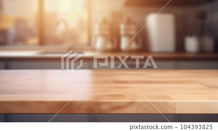 Wooden Counter Against Blurred Kitchen in Background 104393825