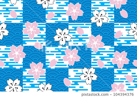 Illustration, Abstract sakura flower with japan wave table and clouds background. Illustration, Abstract sakura flower with japan wave table and clouds background. 104394376