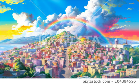 rainbow over the city. Generative AI rainbow over the city. Generative AI 104394550