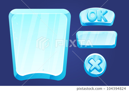 Set frozen ice frames, panels for game menu arows, buttons, ok sign in cartoon style isolated. Ui game design, app interface. 104394824