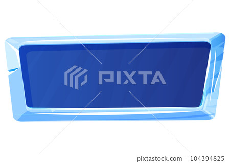 Ice button, frozen frame, level menu in cartoon style isolated on white background. Glass shiny panel, game ui element.  104394825