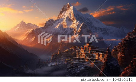 Everest and Tibetan temples. Generative AI 104395115
