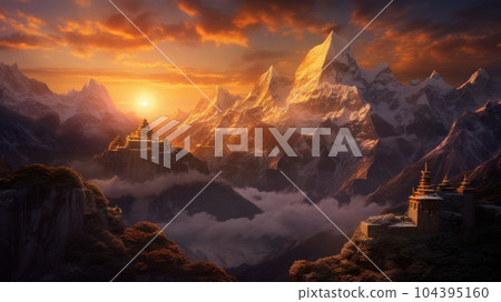 Everest and Tibetan temples. Generative AI 104395160
