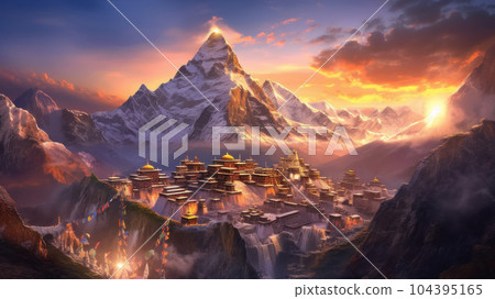Everest and Tibetan temples. Generative AI 104395165