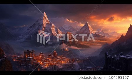 Everest and Tibetan temples. Generative AI 104395167