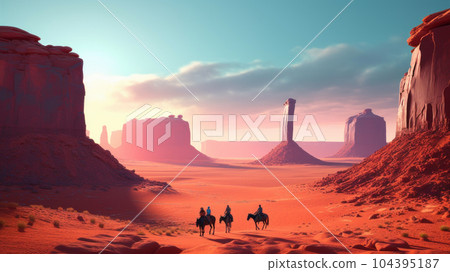 cowboy on horseback in Monument Valley. Generative AI 104395187
