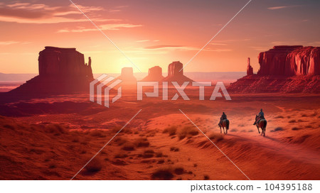 cowboy on horseback in Monument Valley. Generative AI 104395188