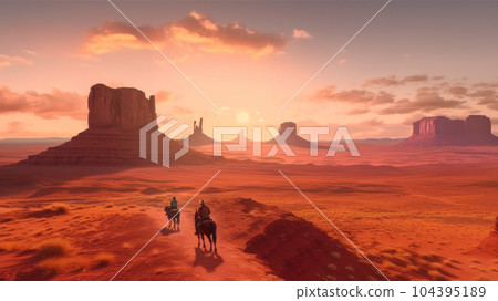 cowboy on horseback in Monument Valley. Generative AI 104395189