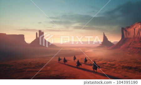 cowboy on horseback in Monument Valley. Generative AI 104395190