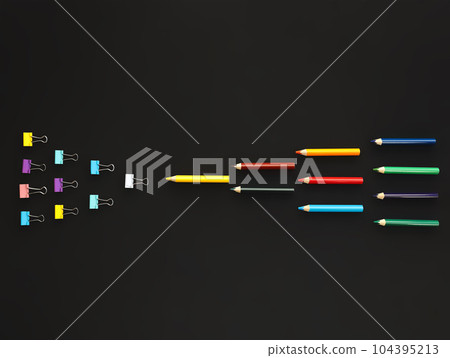 background colored pencils in three rows against paper clips on black background background colored pencils in three rows against paper clips on black background 104395213