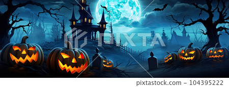 halloween background with scary pumpkins, candles in the graveyard at night with a castle background halloween background with scary pumpkins, candles in the graveyard at night with a castle background 104395222