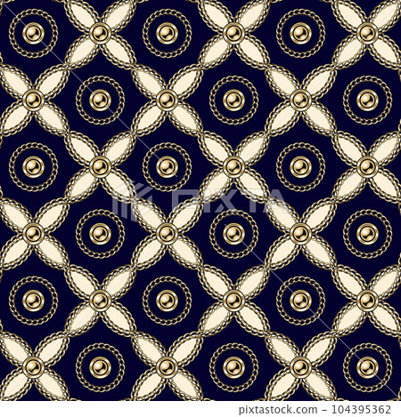 Diagonal luxury pattern with intertwined gold realistic chains, circles, beads. Tiled geometric seamless background. Classic elegance design. 104395362