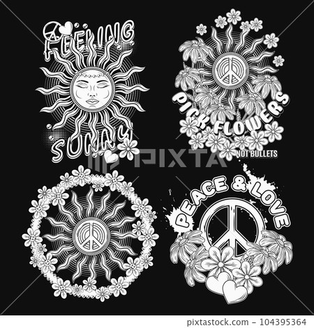 Summer labels with sun, peace sign, chamomile flowers, hearts. Concept of peace, love and harmony. For clothing, apparel, T-shirts, surface decoration. Retro style illustration on black background. Summer labels with sun, peace sign, chamomile flowers, hearts. Concept of peace, love and harmony. For clothing, apparel, T-shirts, surface decoration. Retro style illustration on black background. 104395364