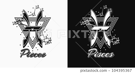 Black and white icon of zodiac sign Pisces with constellation with stars, text, triangle as alchemical symbol for water element. Horoscope esoteric elements. Vintage style. Black and white icon of zodiac sign Pisces with constellation with stars, text, triangle as alchemical symbol for water element. Horoscope esoteric elements. Vintage style. 104395367