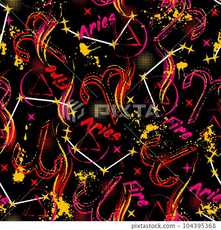 Seamless pattern with zodiac sign Aries, constellation, text, paint splatter, brush strokes, alchemical triangle symbol of fire element Grunge style for sport goods, prints, clothing, t shirt design Seamless pattern with zodiac sign Aries, constellation, text, paint splatter, brush strokes, alchemical triangle symbol of fire element Grunge style for sport goods, prints, clothing, t shirt design 104395368