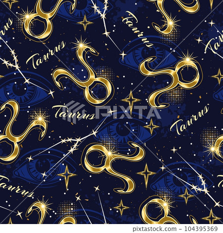 Seamless pattern with golden icon of zodiac sign Taurus, constellation with stars, text, third eye, all seeing eye on blue background. Esoteric concept. For prints, clothing, t shirt, surface design. Seamless pattern with golden icon of zodiac sign Taurus, constellation with stars, text, third eye, all seeing eye on blue background. Esoteric concept. For prints, clothing, t shirt, surface design. 104395369