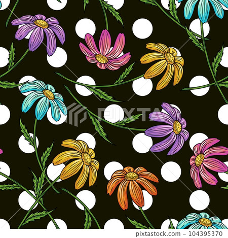 Pattern with big polka dot ornament, colorful chamomiles with stem on black background. Simple, conspicuous, fashionable bright illustration. For prints, clothing, surface design. Pattern with big polka dot ornament, colorful chamomiles with stem on black background. Simple, conspicuous, fashionable bright illustration. For prints, clothing, surface design. 104395370