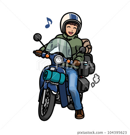 微笑男子跨騎小自行車插畫（長途旅行） 104395623