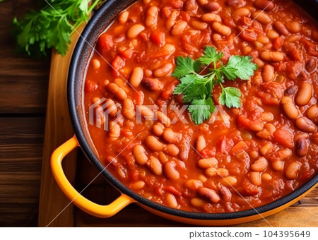 Beans in tomato sauce, country food and easy recipe idea for menu, food blog and cookbook, generative ai 104395649