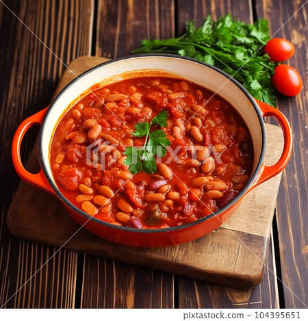 Beans in tomato sauce, country food and easy recipe idea for menu, food blog and cookbook, generative ai 104395651
