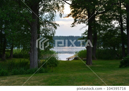 Sunset on the shore of a forest lake. Sunset on the shore of a forest lake. 104395716