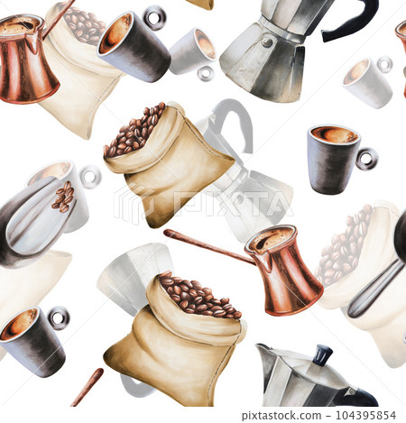 Watercolor seamless pattern with coffee making tools. Latte, espresso, americano. Hand painting on isolated background. For designers, menu, shop, bar, bistro, restaurant, for postcards, wrapping 104395854