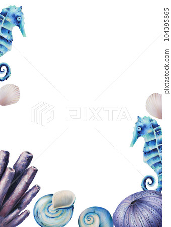 Watercolor postcard with sea horse. Hand painting clipart underwater life objects on a white isolated background. For designers, decoration, postcards, wrapping paper, scrapbooking, covers, 104395865