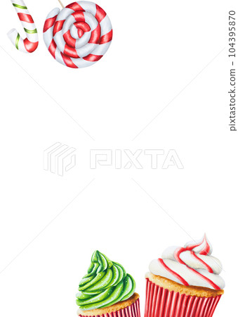 Watercolor postcard with Christmas cream muffins, caramel canes, candies, ice creams. New year hand painting green and red cupcakes isolated on white background. For designers, food decoration, menu, Watercolor postcard with Christmas cream muffins, caramel canes, candies, ice creams. New year hand painting green and red cupcakes isolated on white background. For designers, food decoration, menu, 104395870