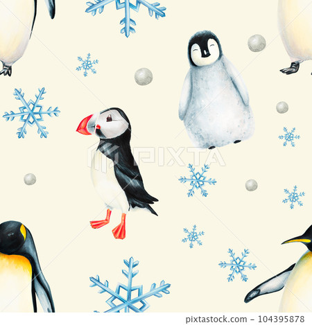 Watercolor winter seamless pattern with king penguins under snowflakes and puffin birds isolated. Hand painting realistic Arctic and Antarctic ocean mammals. For designers, decoration, postcards, Watercolor winter seamless pattern with king penguins under snowflakes and puffin birds isolated. Hand painting realistic Arctic and Antarctic ocean mammals. For designers, decoration, postcards, 104395878