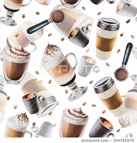 Watercolor seamless pattern with coffee making tools. Latte, espresso, americano. Hand painting on isolated background. For designers, menu, shop, bar, bistro, restaurant, for postcards, wrapping Watercolor seamless pattern with coffee making tools. Latte, espresso, americano. Hand painting on isolated background. For designers, menu, shop, bar, bistro, restaurant, for postcards, wrapping 104395879
