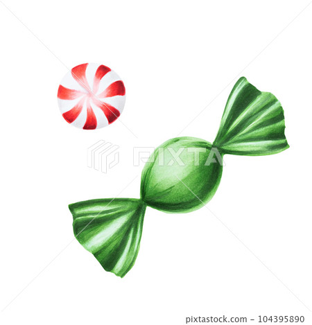 Watercolor christmas candy cane illustration. New year hand painting lollipop isolated on white background. For designers, food decoration, menu, shop, for postcards, wrapping paper, covers. For 104395890