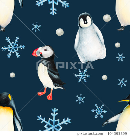 Watercolor winter seamless pattern with king penguins under snowflakes and puffin birds isolated. Hand painting realistic Arctic and Antarctic ocean mammals. For designers, decoration, postcards, Watercolor winter seamless pattern with king penguins under snowflakes and puffin birds isolated. Hand painting realistic Arctic and Antarctic ocean mammals. For designers, decoration, postcards, 104395899