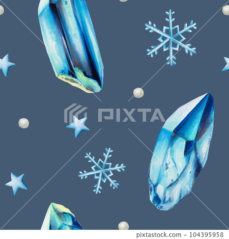 Watercolor winter festive seamless pattern with ice crystals and snowflakes. Hand painting cristmas clipart on an isolated background. For designers, decoration, postcards, wrapping paper, 104395958